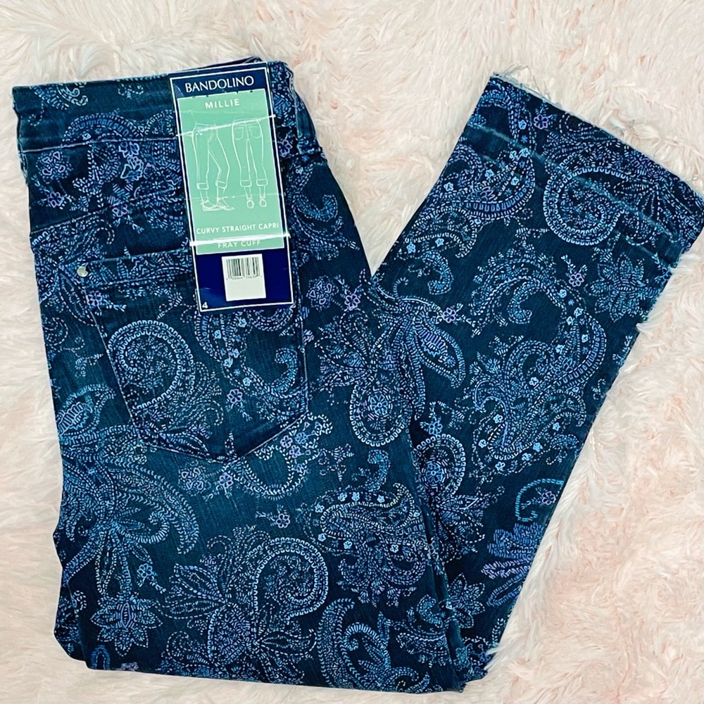 Bandolino Millie Curvy Straight Capri Fray Cuff jeans paisley floral print NWT
